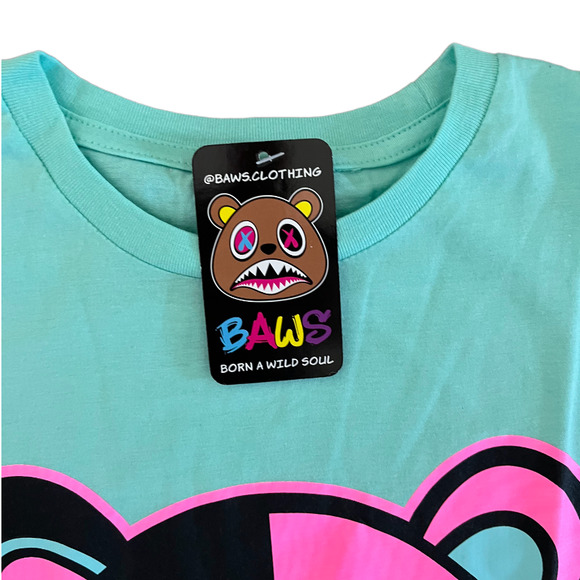 BAWS Men's Turquoise Pink Grizzly Bear Short Sleeve Crew Neck T-shirt, Medium - Picture 3 of 6